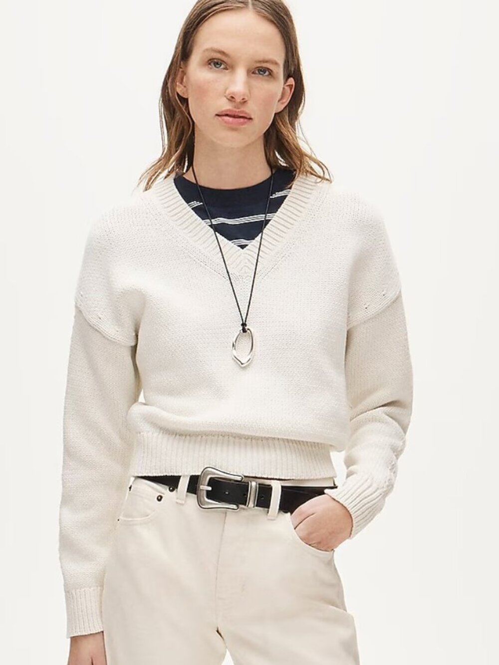 J. Crew Cotton-Blend V-Neck Pullover Sweater in Ivory